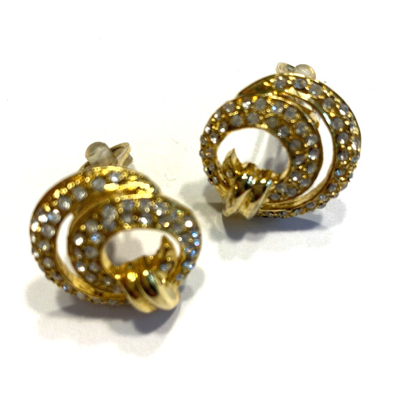 Dressy Vintage Clip On Earrings Gold & Clear White Rhinestone Swirls Chic 90's - Picture 3 of 6